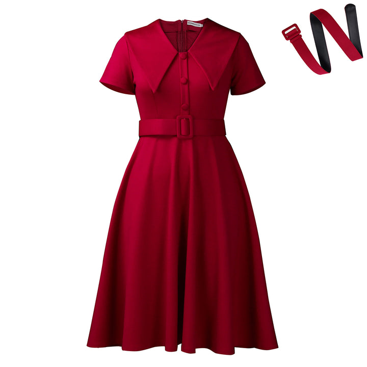 Damen A-Linien Kleid mit elegantem Kragen und Bindegürtel Drune