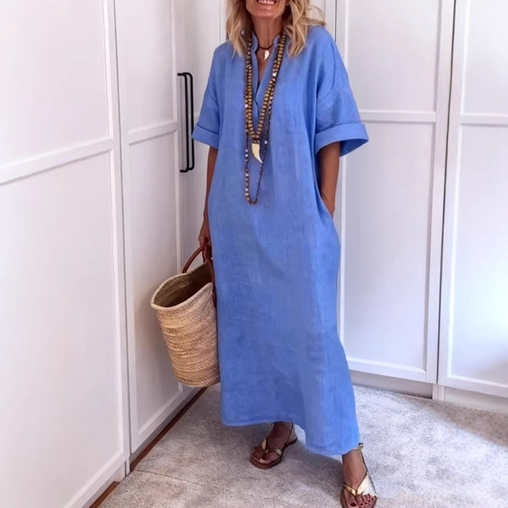 Damen Leinen Maxikleid mit V-Ausschnitt und praktischen Taschen Drune