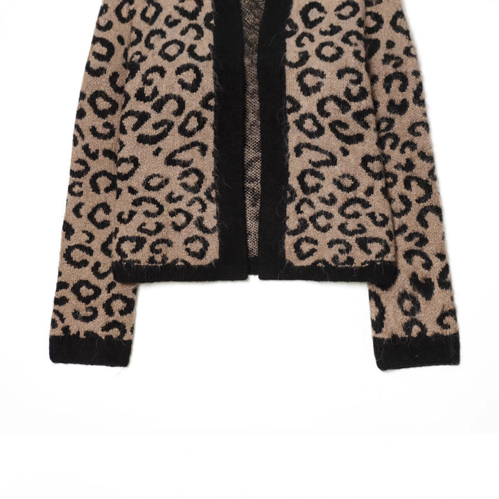 Damen nan kuschelige Leopard-Muster Strickjacke mit offener Front, Rippbündchen und weichem Mohair-Effekt Drune