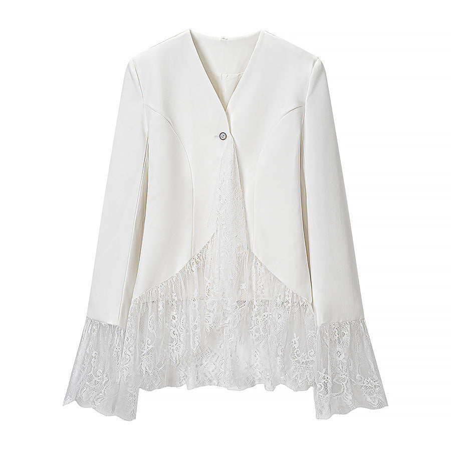 Damen Spitzenjacke mit taillierter Passform, ausgestelltem Spitzenbesatz und V-Ausschnitt Drune