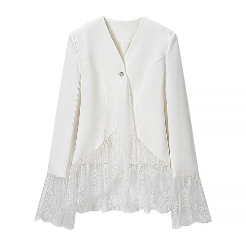 Damen Spitzenjacke mit taillierter Passform, ausgestelltem Spitzenbesatz und V-Ausschnitt Drune