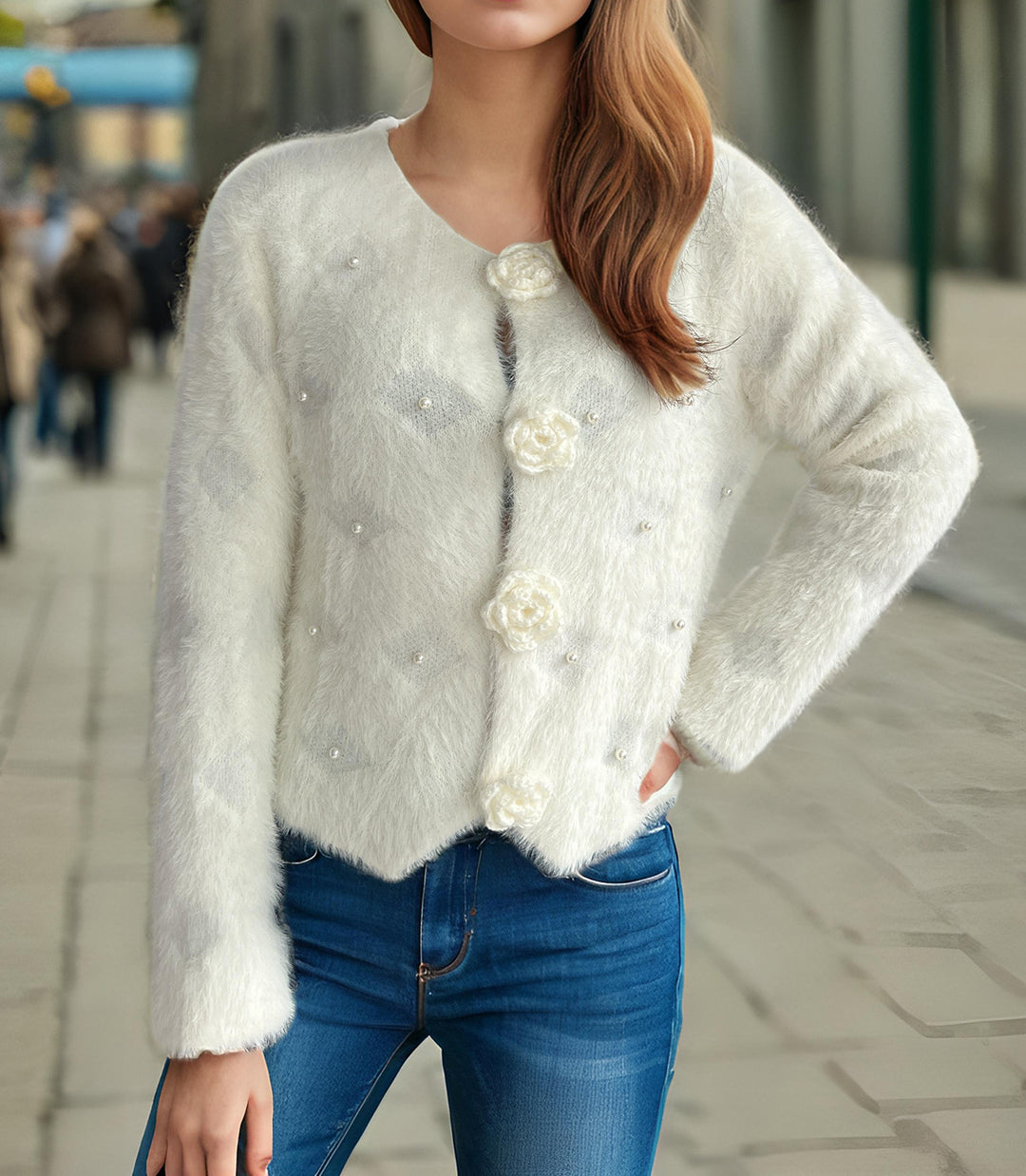 Damen Strickjacke mit floralen Applikationen und perlverzierter Detail Drune