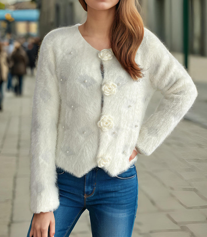 Damen Strickjacke mit floralen Applikationen und perlverzierter Detail Drune