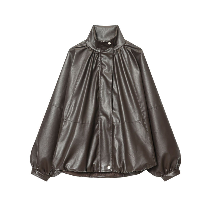 Damen nan kastiger Kunstleder-Blouson mit hohem Stehkragen, geraffter Schulterpartie und ballonärmeln Drune