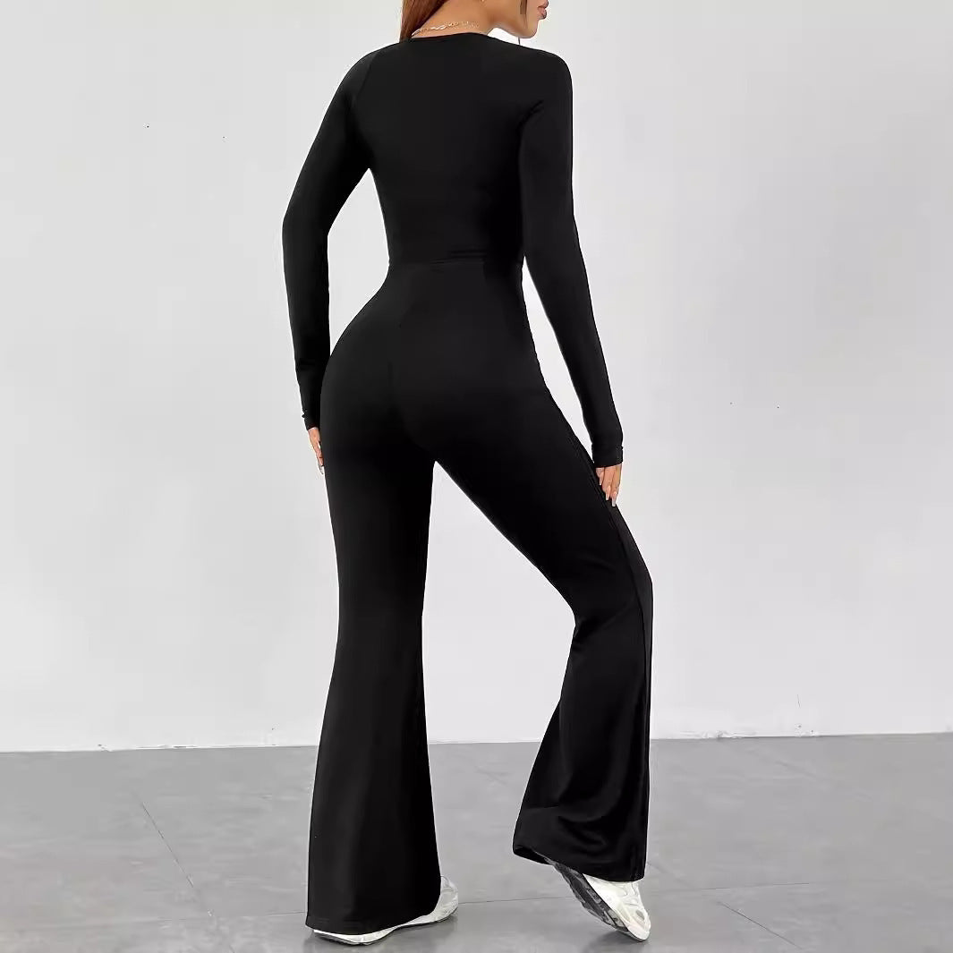 Damen Eleganter und figurbetonter Jumpsuit mit weitem Bein und langen Ärmeln Drune