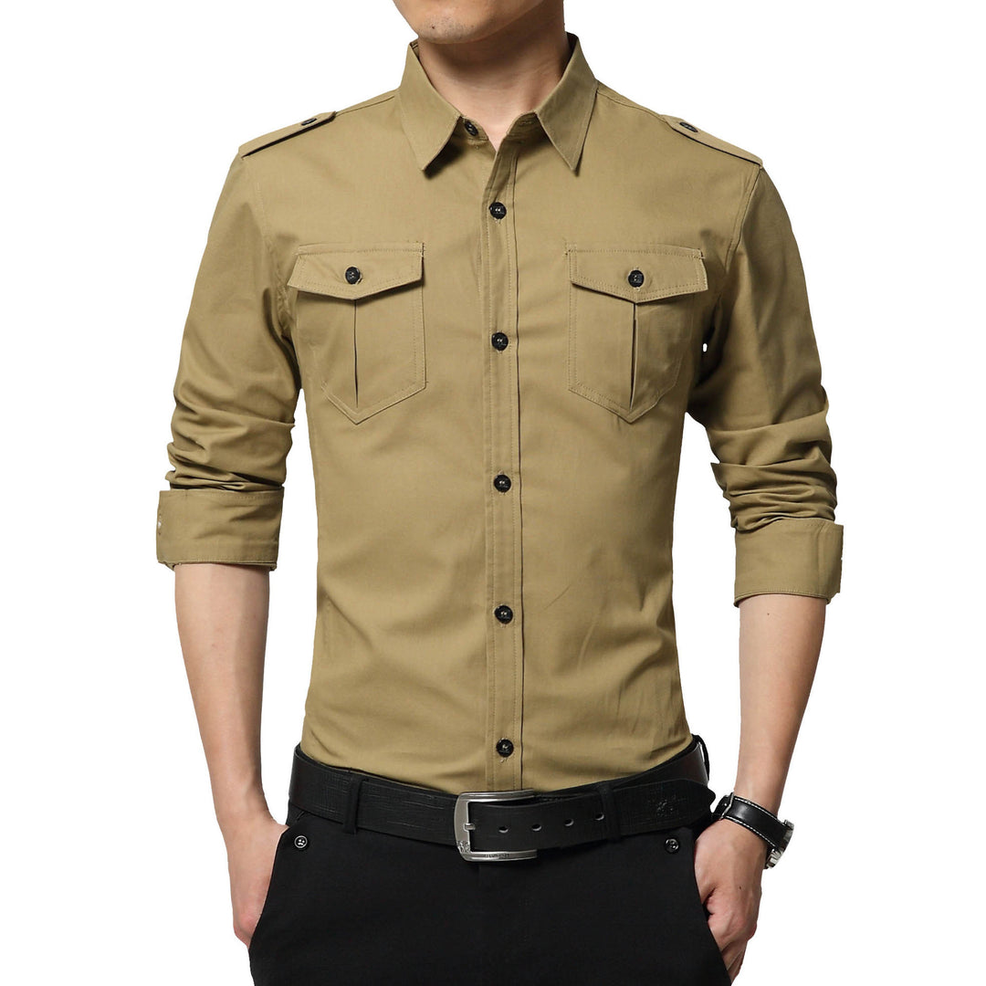 Herren Slim‑Fit Utility‑Hemd mit Schulterklappen und Pattentaschen Drune