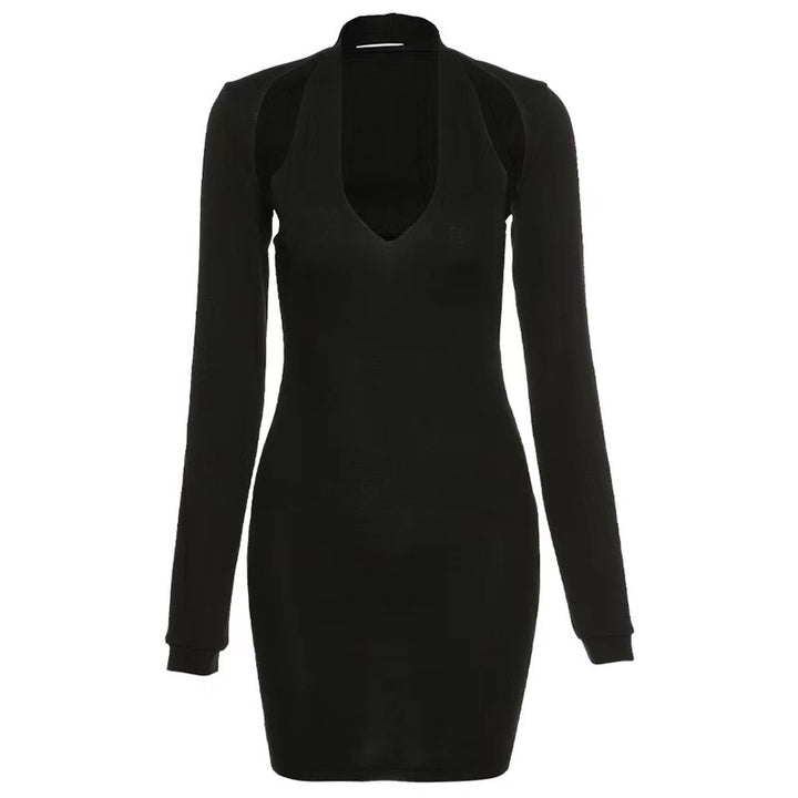 Damen Bodycon Kleid mit tiefem Ausschnitt und langen Ärmeln Drune