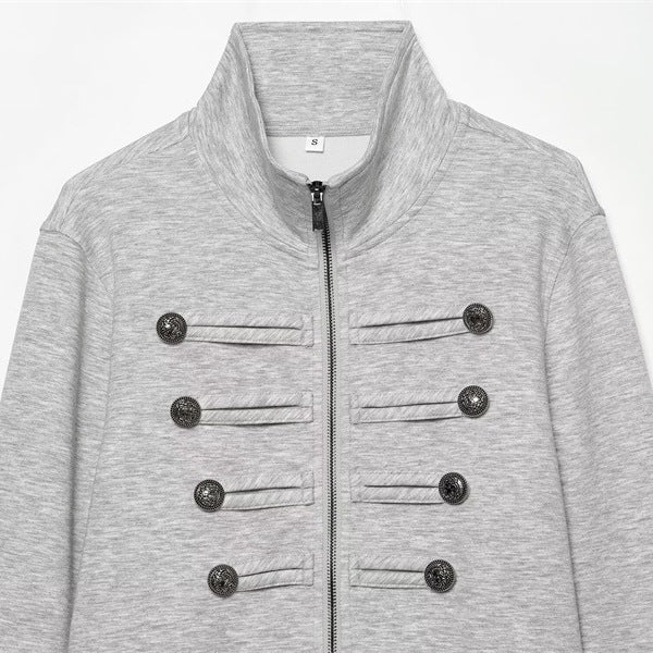Damen Cropped Sweatjacke im Military-Look mit Stehkragen und Zierknopfreihe Drune