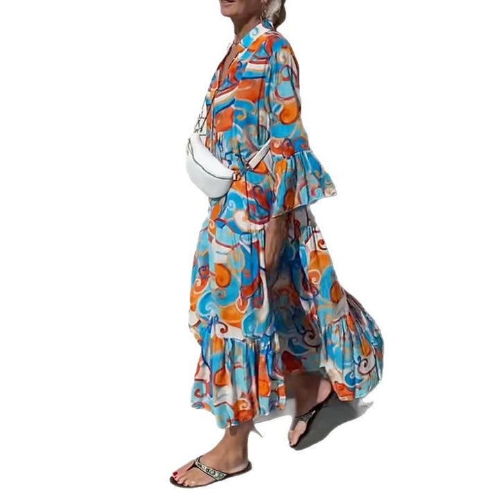 Damen nan luftiges Maxikleid mit Aquarellprint, V‑Ausschnitt, halber Knopfleiste und Stufenrock Drune