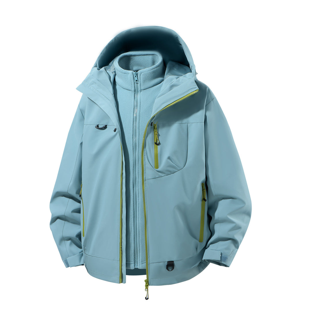 Herren zweiteiliger wasserdichter Softshell-Parka mit herausnehmbarer Fleece-Innenjacke, verstellbarer Kapuze und Multifunktions-Taschen Drune