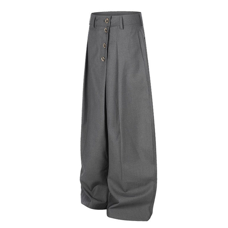 Damen Weite Palazzo-Hose mit hoher Taille, Bundfalten und asymmetrischer Knopfleiste Drune