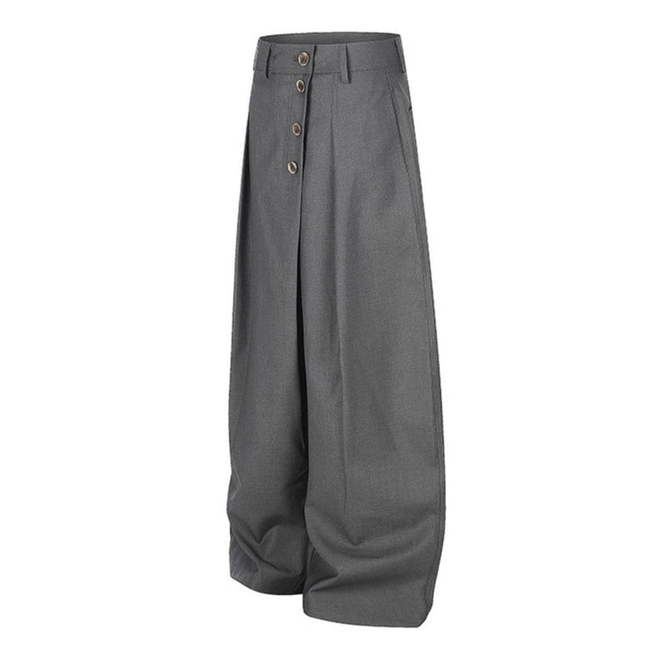 Damen Weite Palazzo-Hose mit hoher Taille, Bundfalten und asymmetrischer Knopfleiste Drune