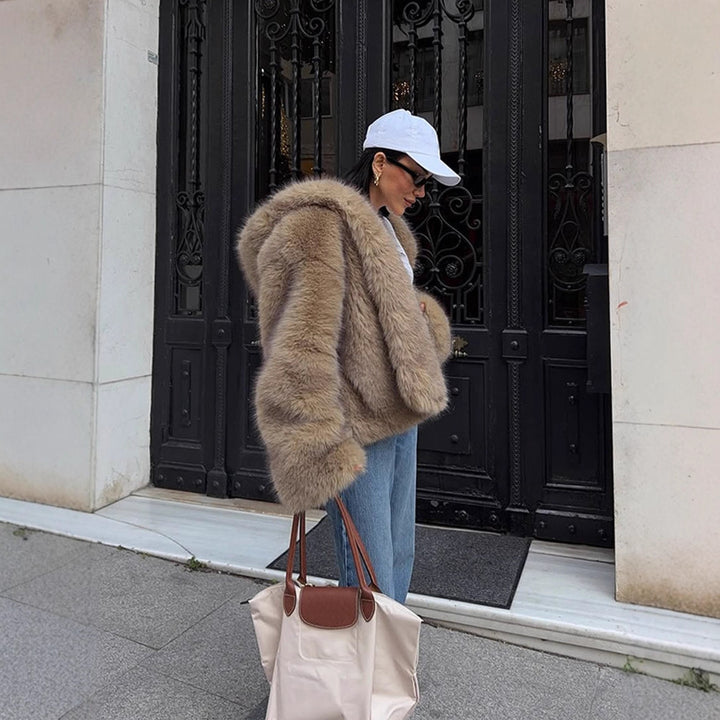 Damen Boxy-Kunstpelzjacke im Teddy-Look mit Oversize-Schalkragen Drune
