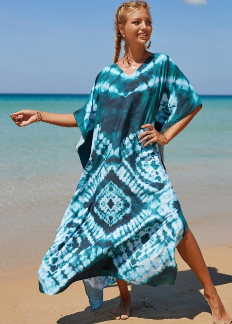 Damen Strandkleid mit buntem Batikdesign und weit geschnittenen Ärmeln Drune