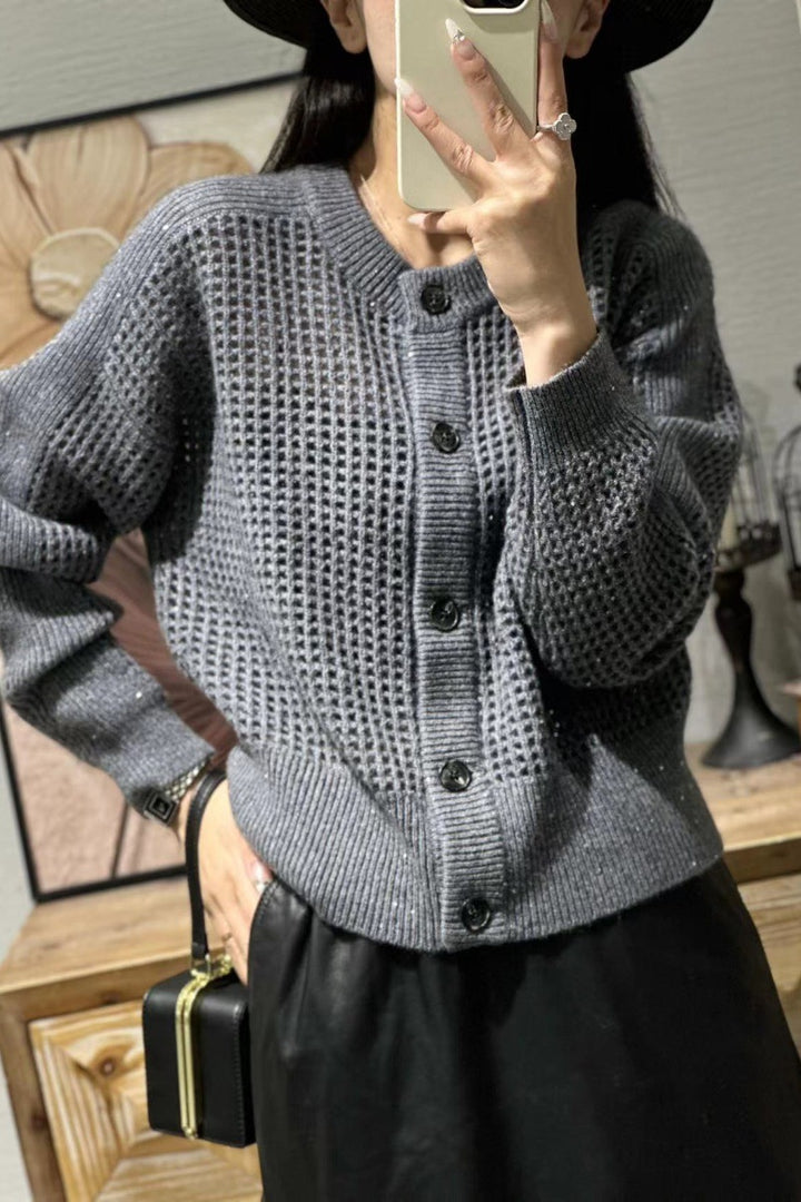 Damen Lockerer Mesh‑Cardigan mit Gitter‑Ajour, Rundhalsausschnitt und Knopfleiste Drune
