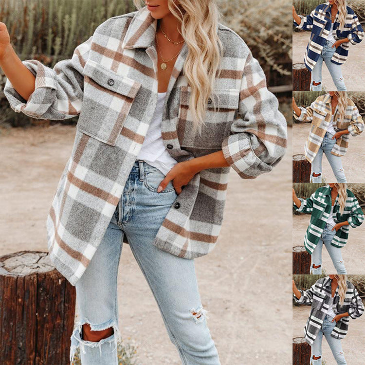 Damen Oversize-Karo-Hemdjacke mit Brusttaschen und weichem Flanell Drune