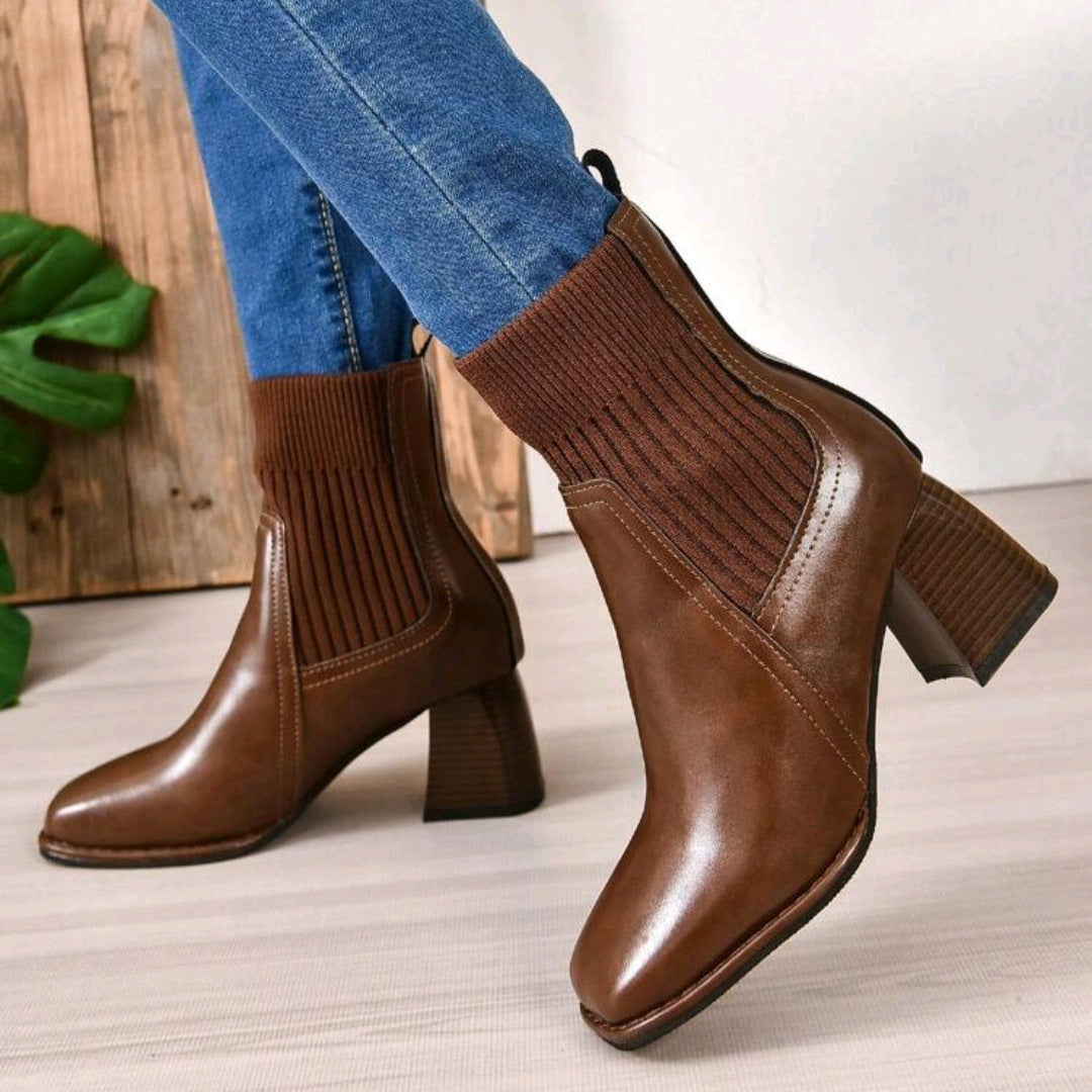 Damen Elegante Blockabsatz Stiefeletten mit Strickschaft Drune