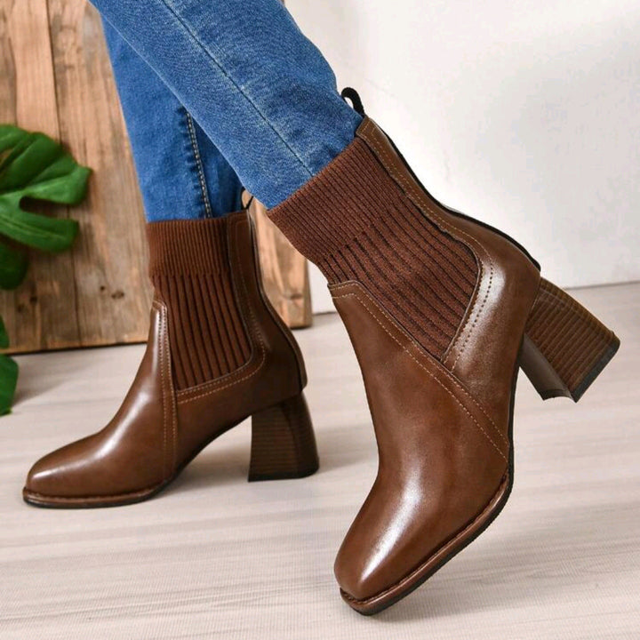 Damen Elegante Blockabsatz Stiefeletten mit Strickschaft Drune