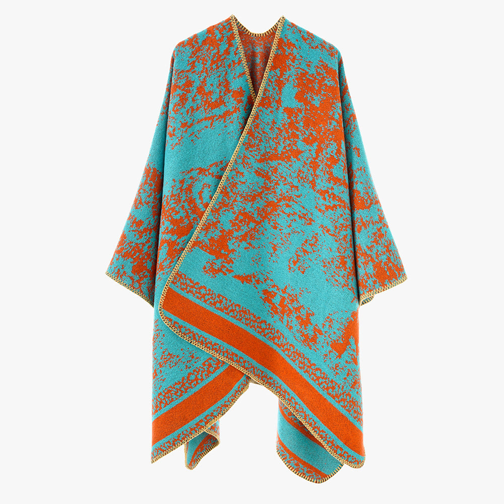 Damen Wollmix-Umhang im Poncho-Stil mit abstraktem Mélange‑Jacquard und Bordürenstreifen Drune