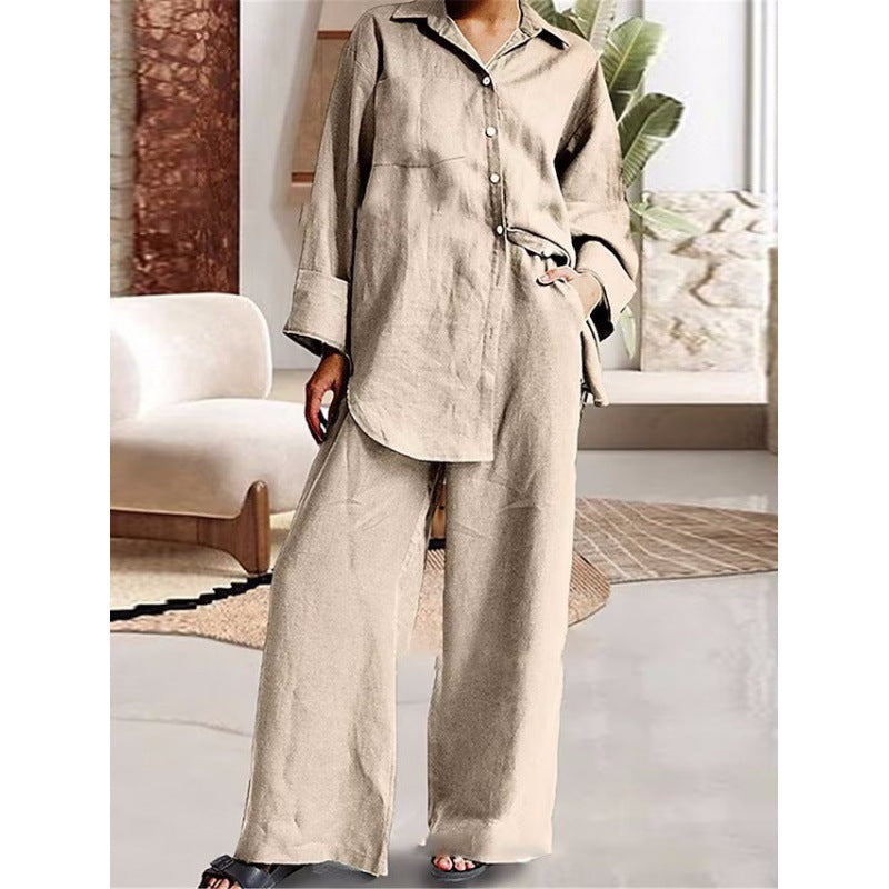 Damen Leinen-Lounge-Set mit weitem Hemd und Palazzo-Hose Drune