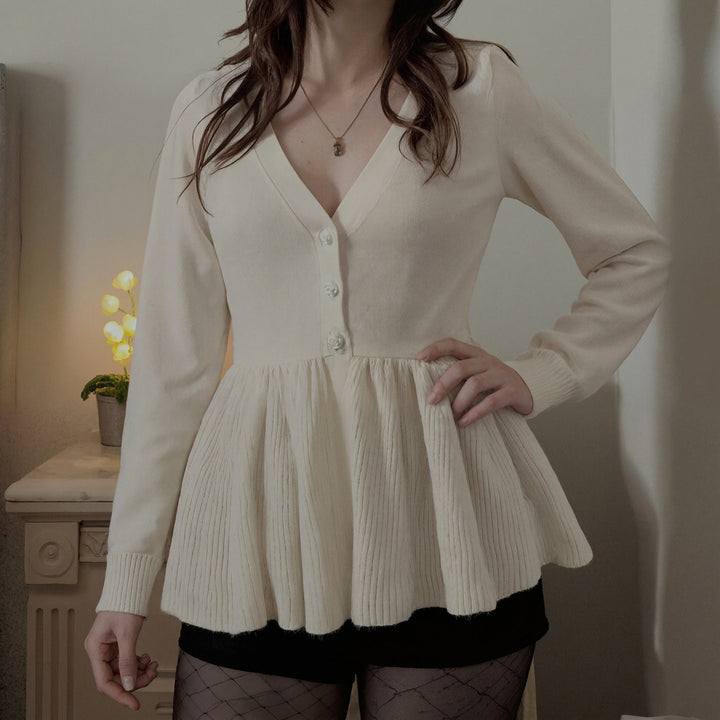Damen nan geripptes Langarm-Top mit Empire-Taille, zierlicher Knopfleiste und Spitzenbesatz Drune