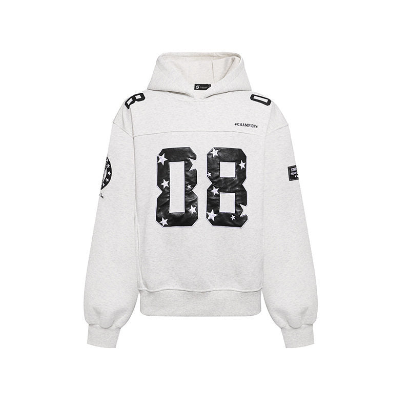 Damen Oversize Kapuzen-Sweatshirt mit großflächigem Zahlendruck und Sternapplikationen Drune