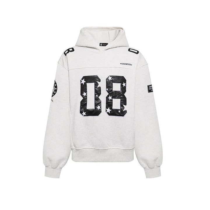 Damen Oversize Kapuzen-Sweatshirt mit großflächigem Zahlendruck und Sternapplikationen Drune