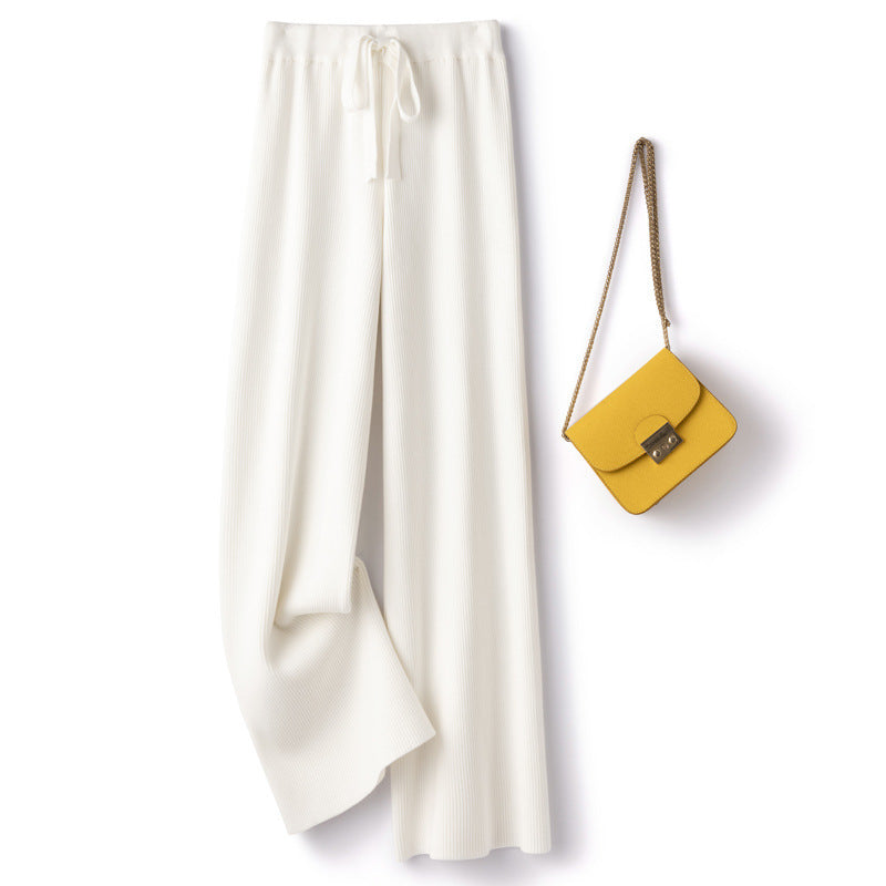 Damen Weite Rippstrick-Hose mit Tunnelzug und fließender Palazzo-Silhouette Drune