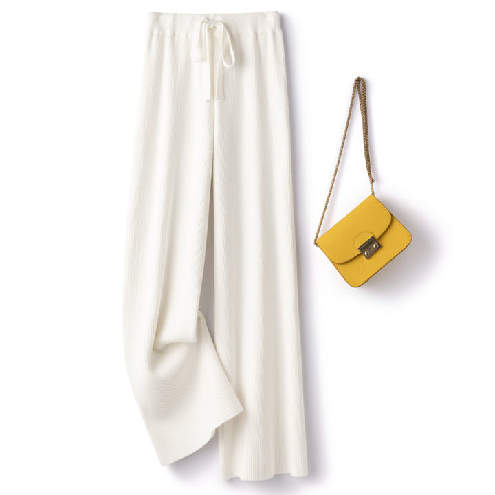 Damen Weite Rippstrick-Hose mit Tunnelzug und fließender Palazzo-Silhouette Drune