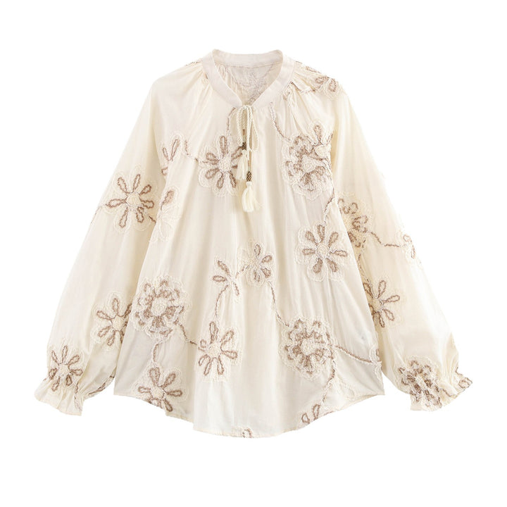 Damen Bluse mit floralem Stickmuster und eleganten Quasten Drune
