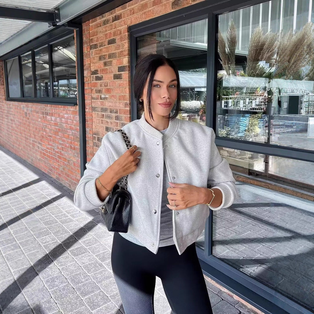 Damen Kurzgeschnittene Wollmix Bomberjacke mit Druckknöpfen und Rippbündchen Drune
