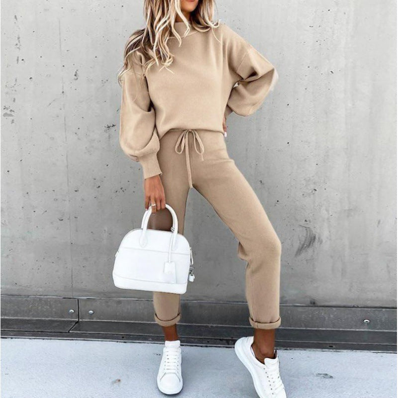 Damen Strick-Loungewear-Set mit Ballonärmeln und taillierter Jogginghose Drune