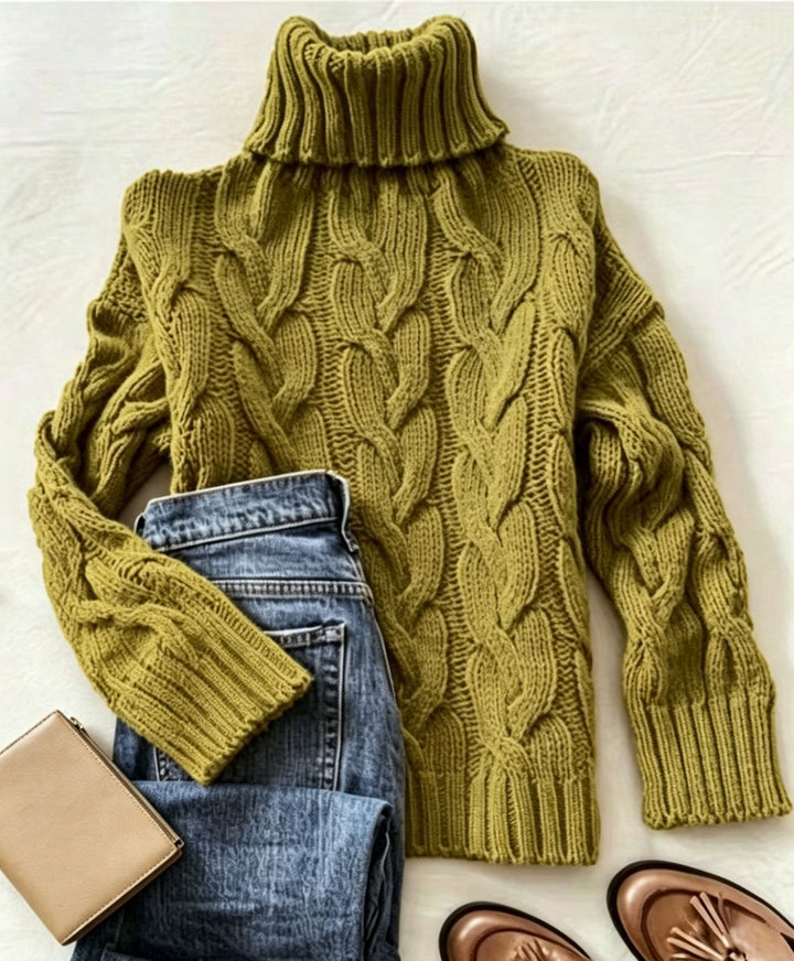 Damen Grobstrick-Rollkragenpullover mit markanten Zopfmustern und gerippten Bündchen Drune