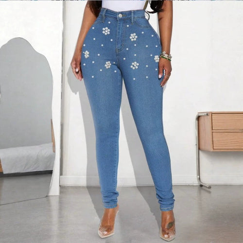 Damen Hochtaillierte figurformende Skinny-Jeans mit Perlenblüten-Applikation Drune