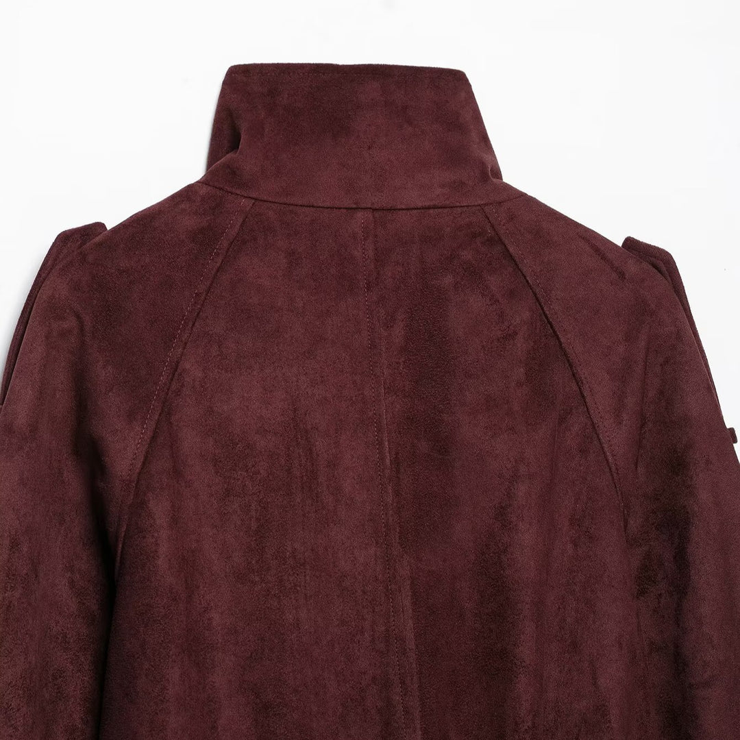 Damen Kurze Trenchjacke aus Veloursoptik mit hohem Stehkragen und Bindegürtel Drune