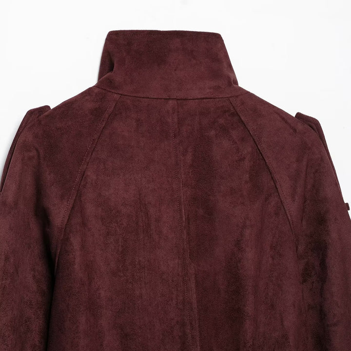 Damen Kurze Trenchjacke aus Veloursoptik mit hohem Stehkragen und Bindegürtel Drune