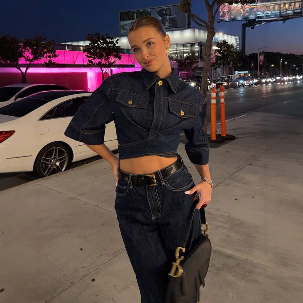 Damen Cropped-Jeansjacke mit kastiger Silhouette, Pattentaschen und verkürzter Taillenlinie Drune