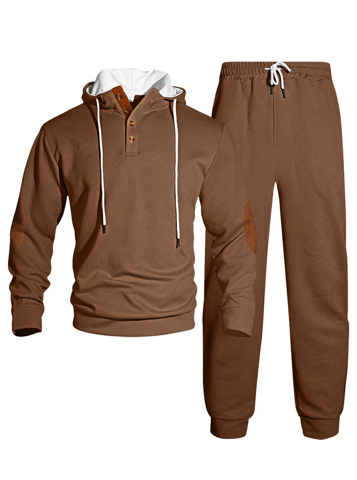 Herren nan Waffelstruktur Henley-Kapuzen-Set mit Holzknopfleiste Ellbogen-Patches und konischer Jogginghose Drune