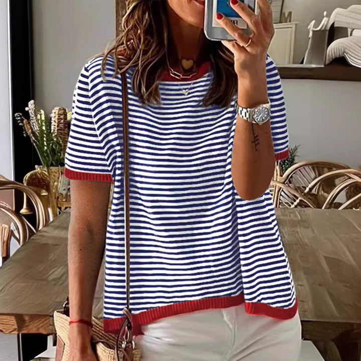 Damen gestreiftes Kurzarmshirt mit kontrastierenden Bündchen und weichem Material Drune