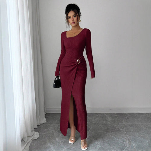 Damen nan figurbetontes Maxikleid aus geripptem Strick mit Wickeldetail und Schlitz Drune