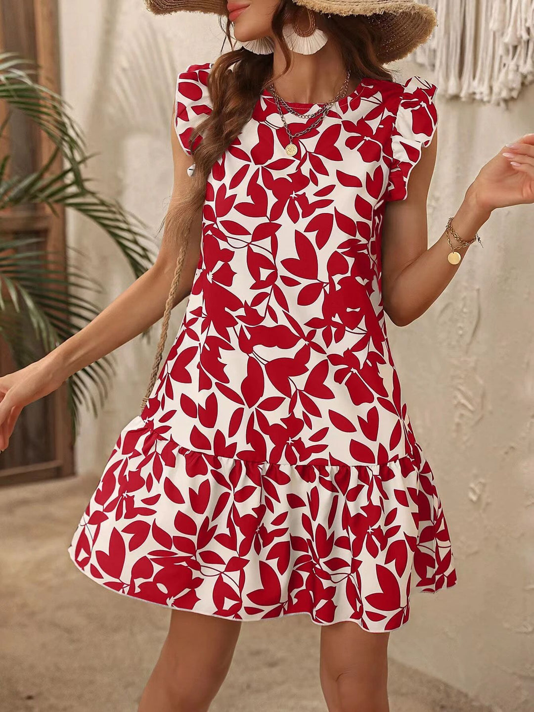 Damen Leichtes Stufen‑Kurzkleid mit Rüschenärmeln und botanischem Print Drune