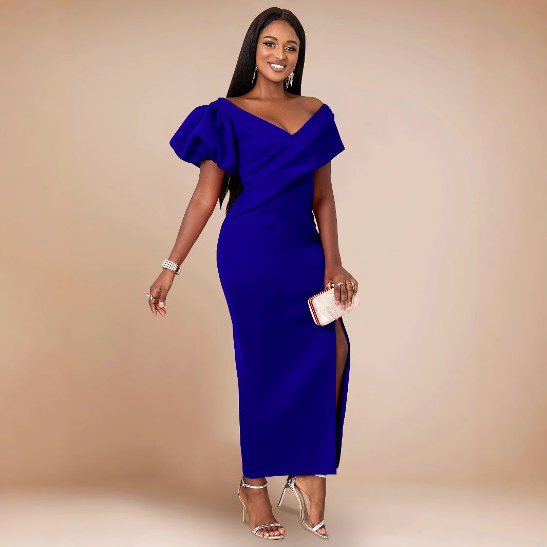 Damen Elegantes, figurbetontes Abendkleid mit asymmetrischem Ausschnitt und Puffärmeln Drune