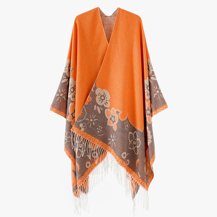 Damen Überwurfponcho im Kimono‑Stil aus Jacquardstrick mit floralem Bordürenmotiv und Fransensaum Drune