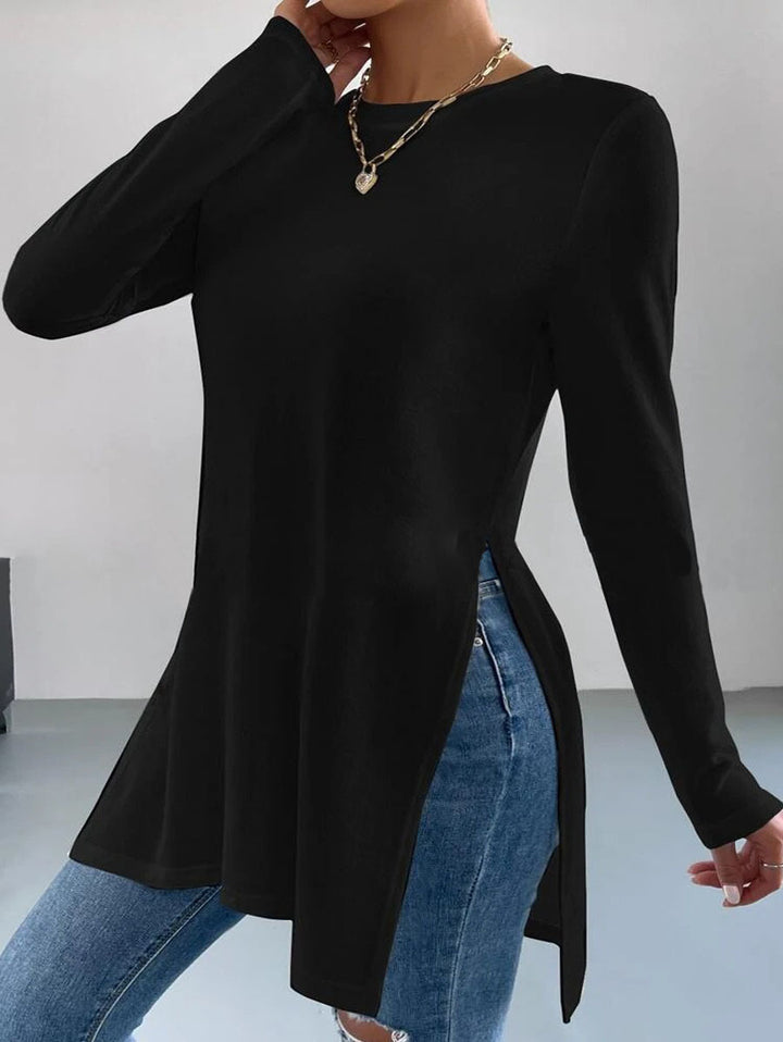 Damen Langes Feinstrick-Tunika-Shirt mit Seitenschlitzen und gerundetem Saum Drune
