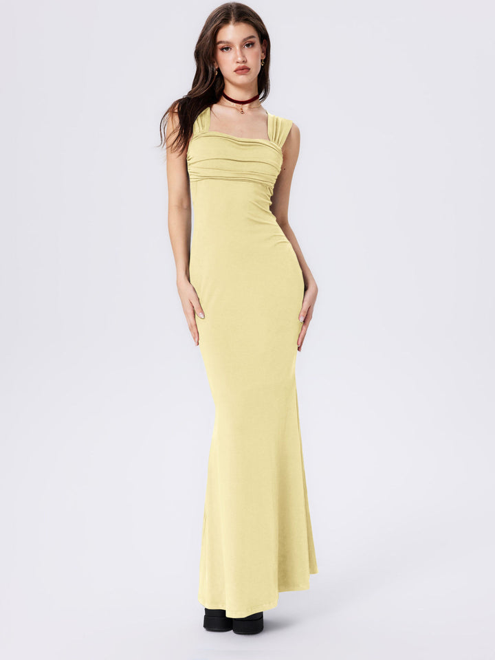 Damen figurbetontes Maxikleid mit gerafftem Oberteil und modernen Trägern Drune
