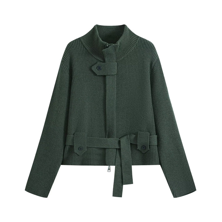 Damen Kurzgestrickte Taillierte Strickjacke mit Stehkragen und Taillengurt Drune