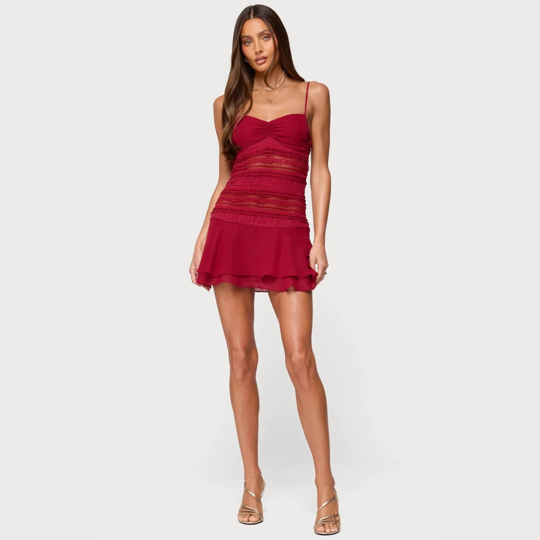 Damen Rüschensommerkleid mit taillierter Silhouette und feinen Trägern Drune