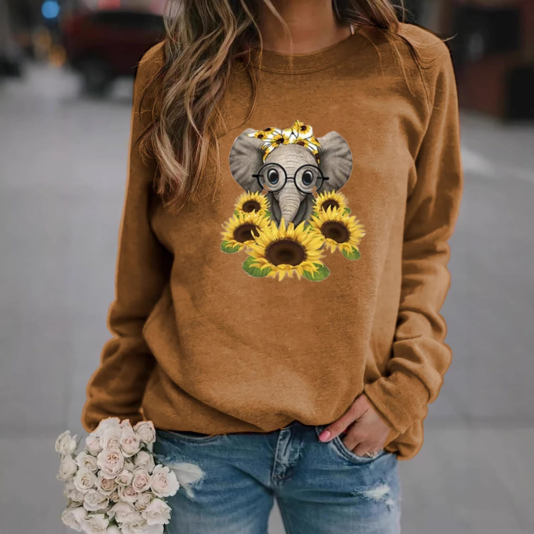 Damen-Sweatshirt mit Elefantenprint, Sonnenblumenmotiv und weichem Fleece Drune