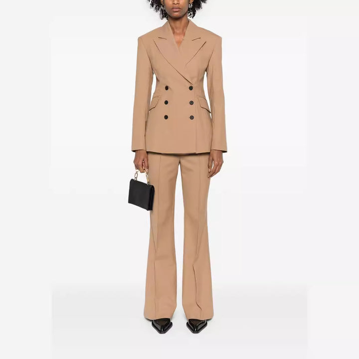 Damen Zweiteiliges tailliertes Doppelreihiges Blazer‑Hosenanzug mit ausgestellter Palazzohose Drune