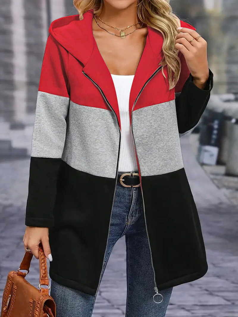 Damen Kapuzen-Farbblock-Mantel mit durchgehendem Reißverschluss, oversized Schnitt und mittellanger Silhouette Drune